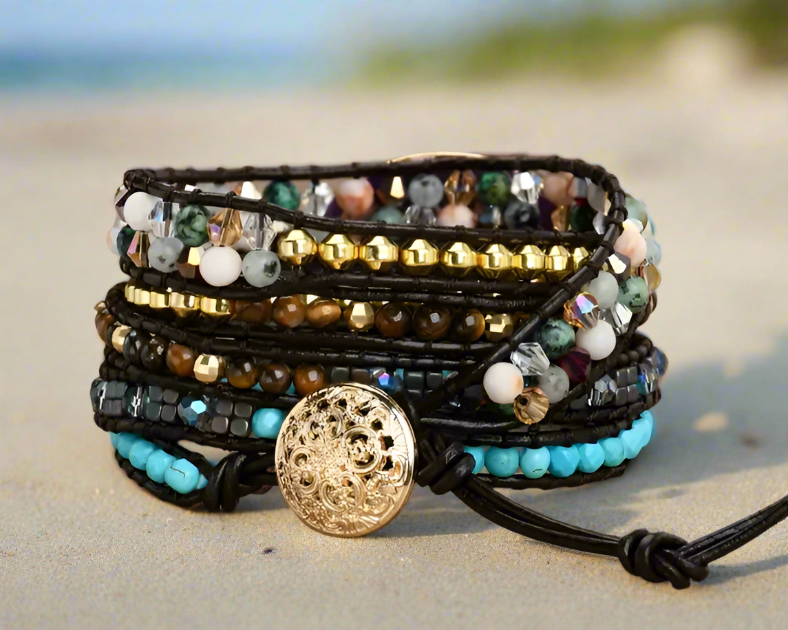 Boho 5 Layer Bracelet with Purple Natural Stone