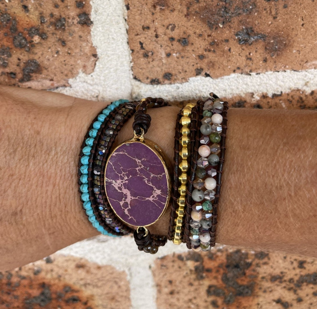 Boho 5 Layer Bracelet with Purple Natural Stone