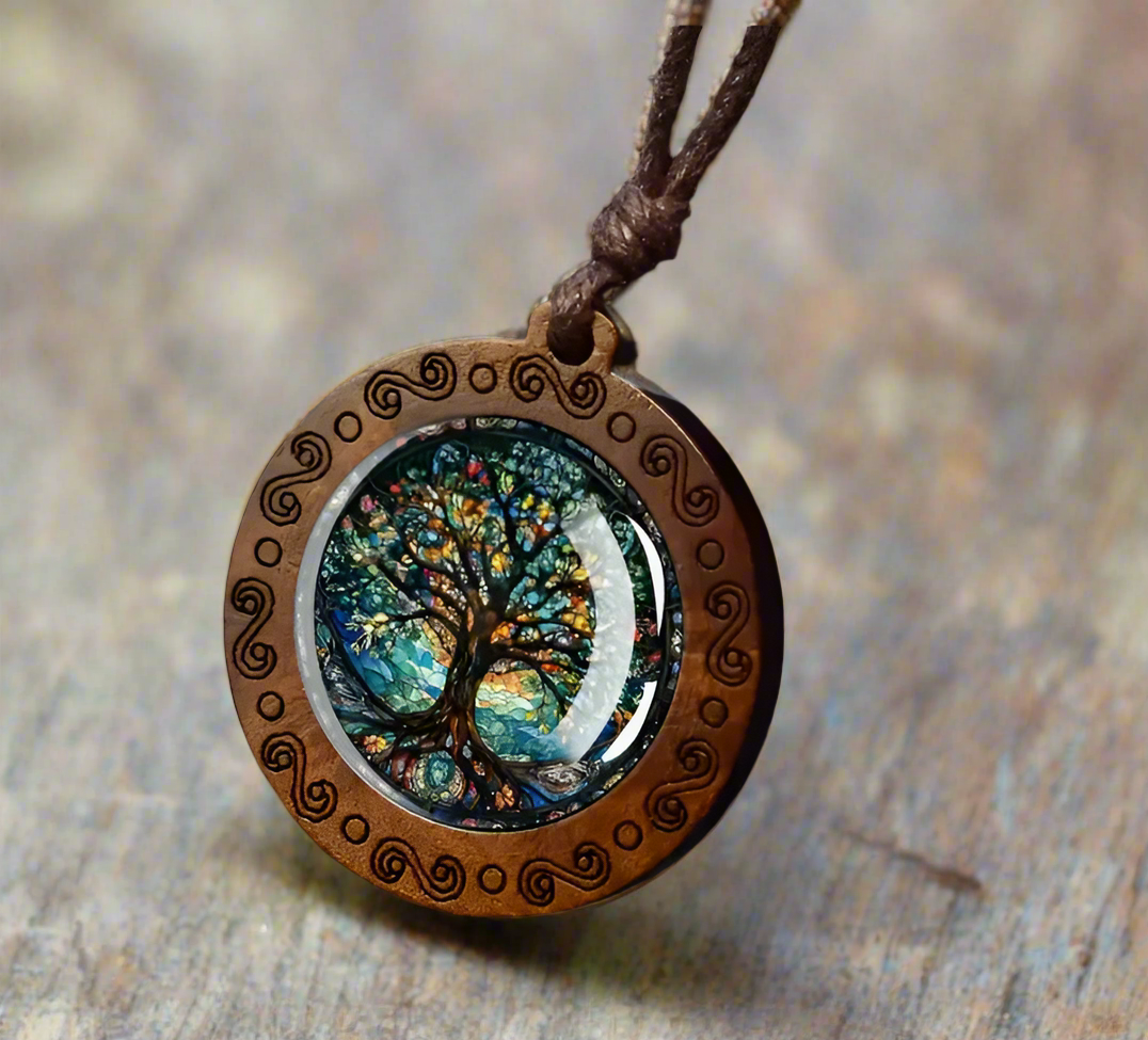 Tree of Life Rustic Pendant Necklace with Wooden Frame