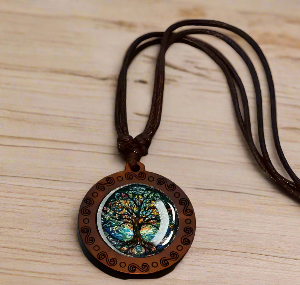 Tree of Life Rustic Pendant Necklace with Wooden Frame