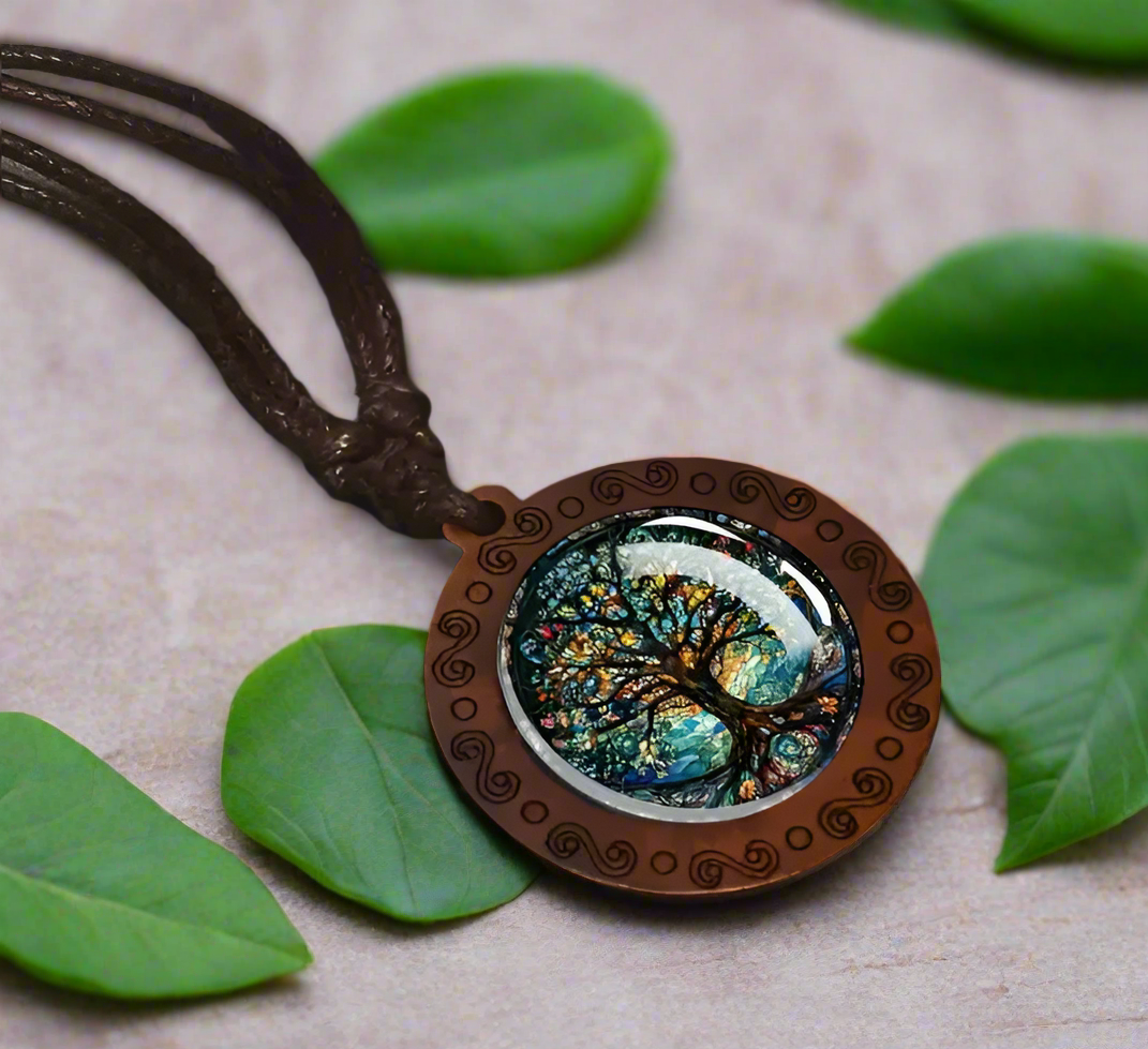 Tree of Life Rustic Pendant Necklace with Wooden Frame