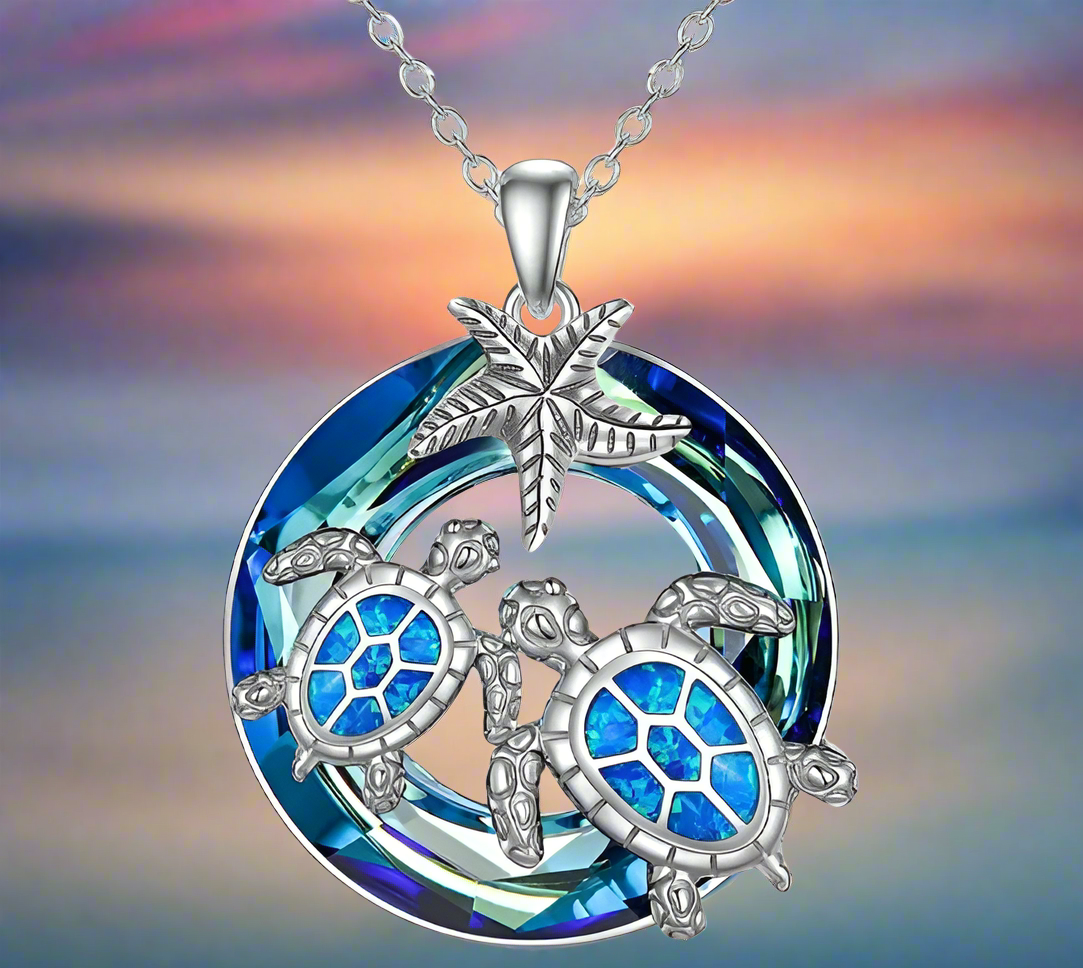 Dual Turtle & Starfish Round Petite Pendant Necklace