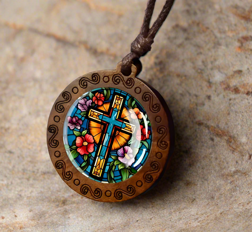 Stained Glass-Style Wooden Cross Pendant Necklace