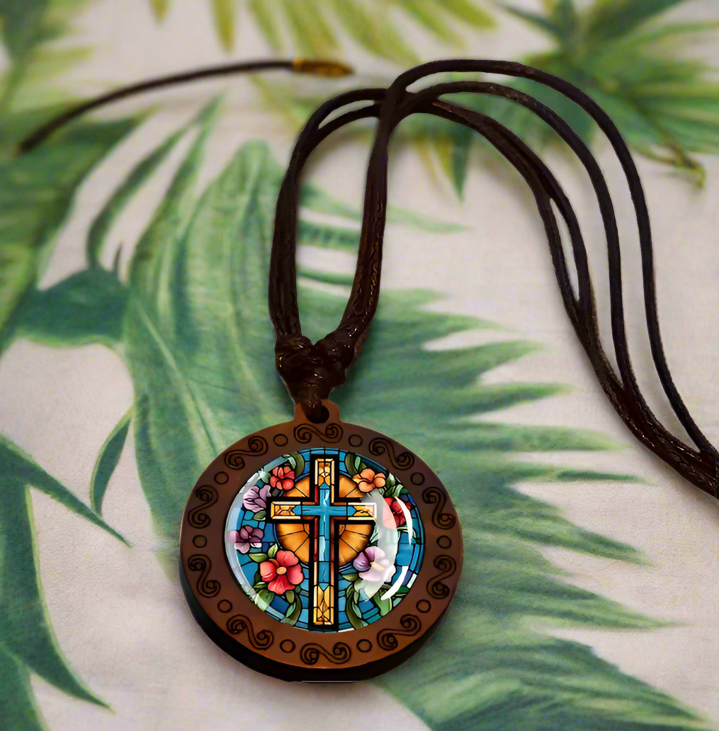 Stained Glass-Style Wooden Cross Pendant Necklace