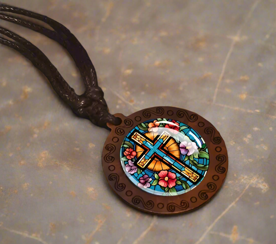 Stained Glass-Style Wooden Cross Pendant Necklace