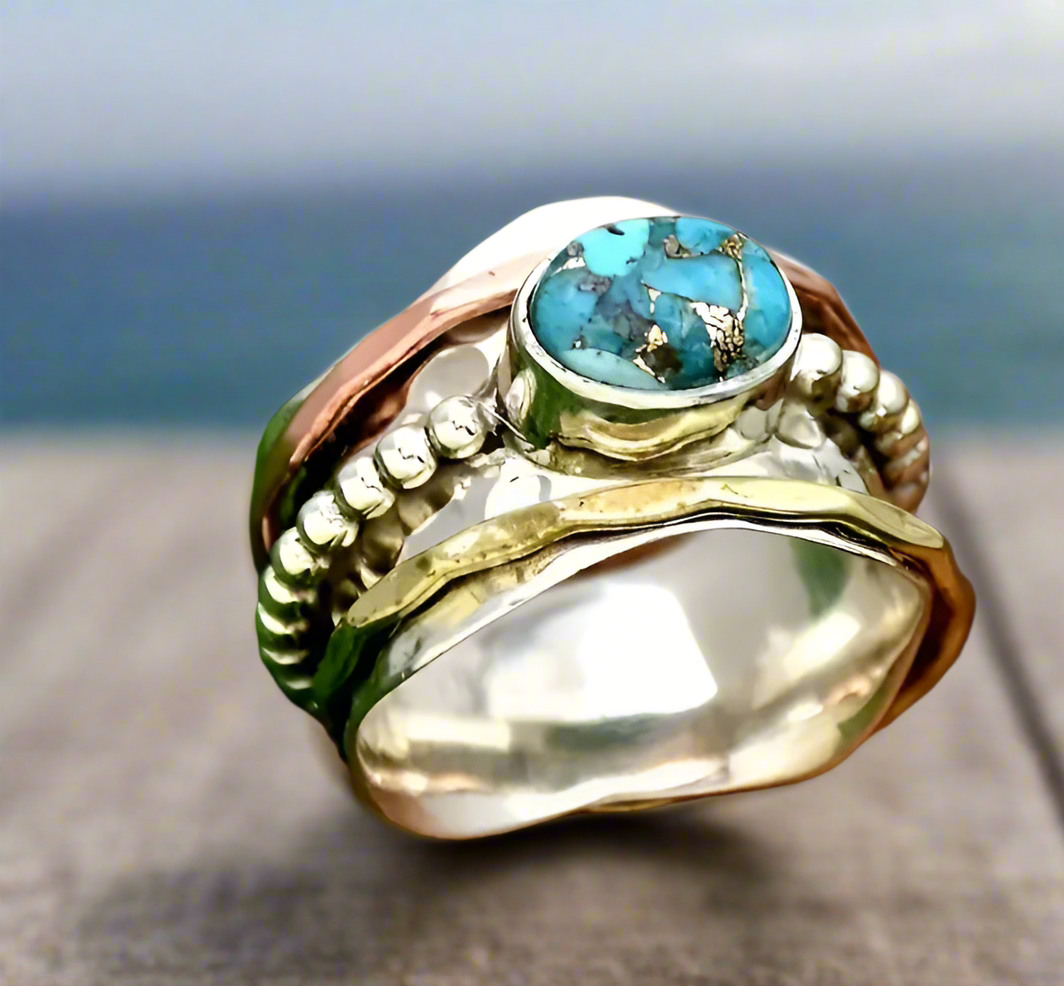 Vintage Style Boho 3-Tone Hammered Turquoise Spinner Worry Ring