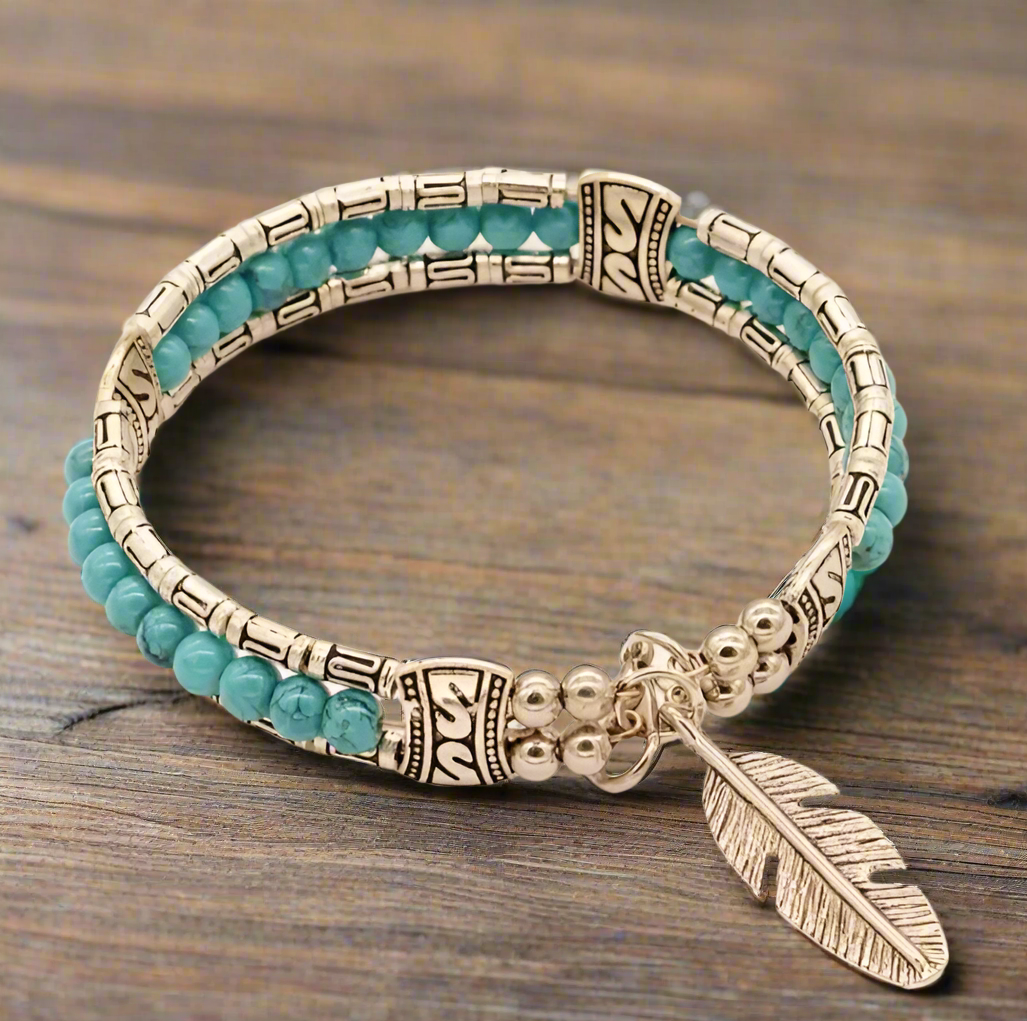 Turquoise and Feather Pendant Bracelet - A Touch of Boho