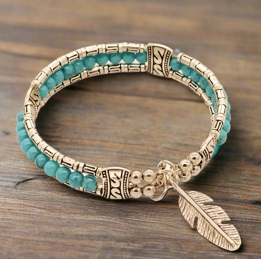 Turquoise and Feather Pendant Bracelet - A Touch of Boho