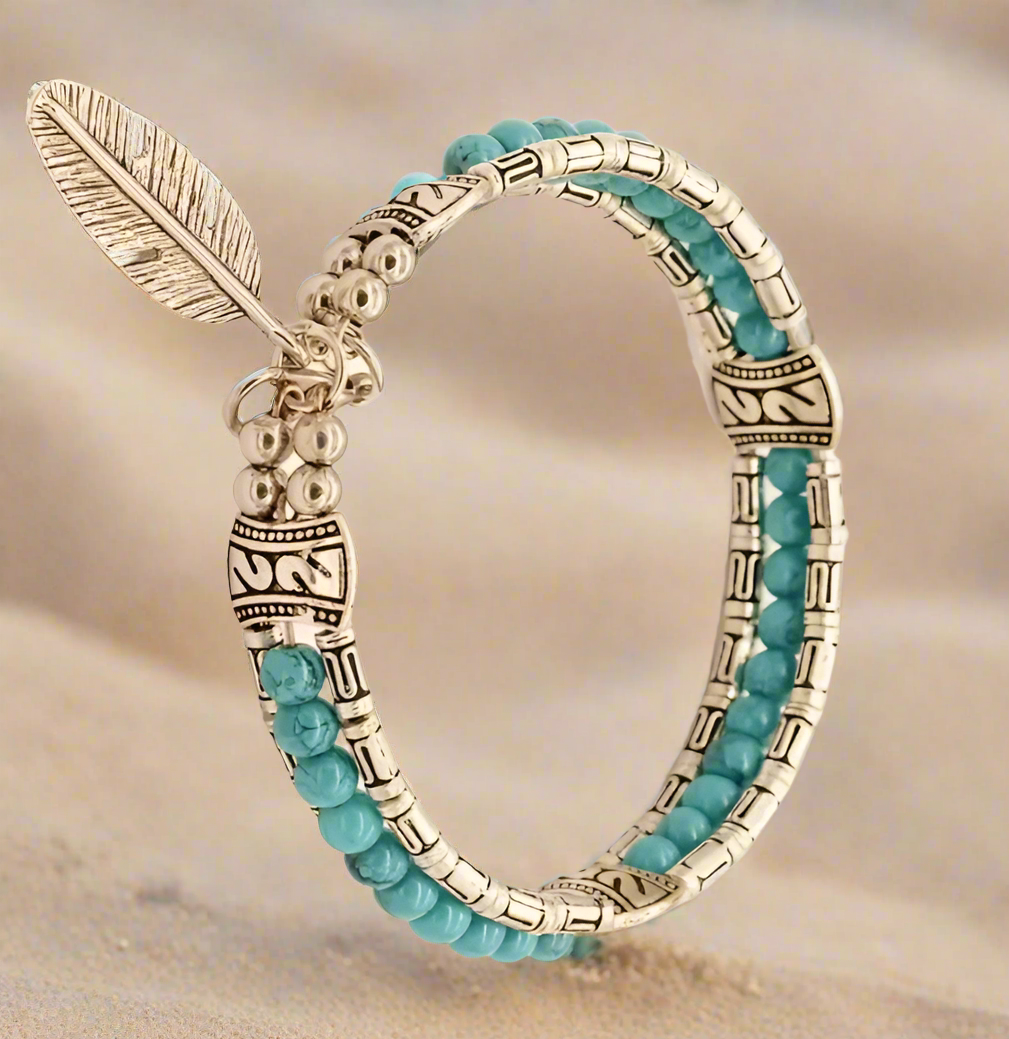 Turquoise and Feather Pendant Bracelet - A Touch of Boho