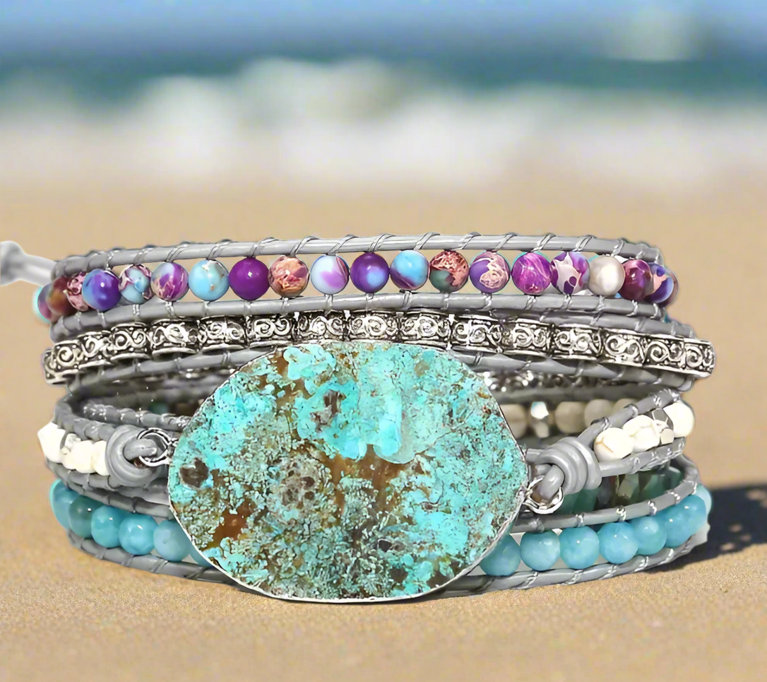 Natural Ocean Stone 5 Layer Woven Bracelet