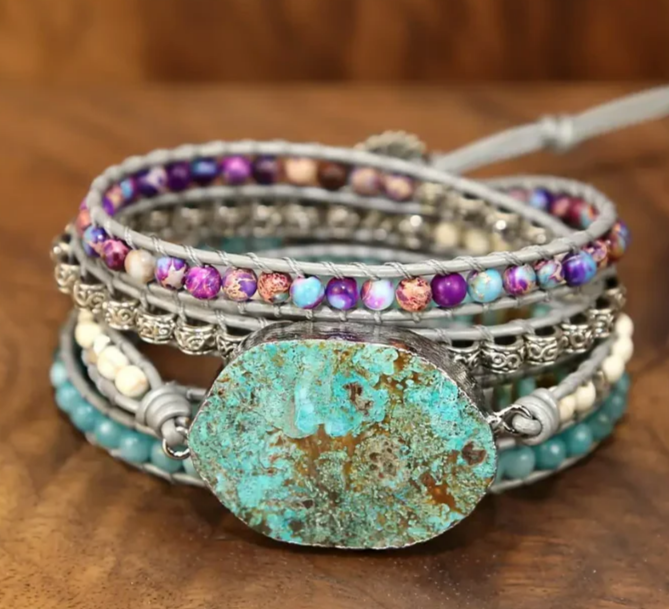 Natural Ocean Stone 5 Layer Woven Bracelet